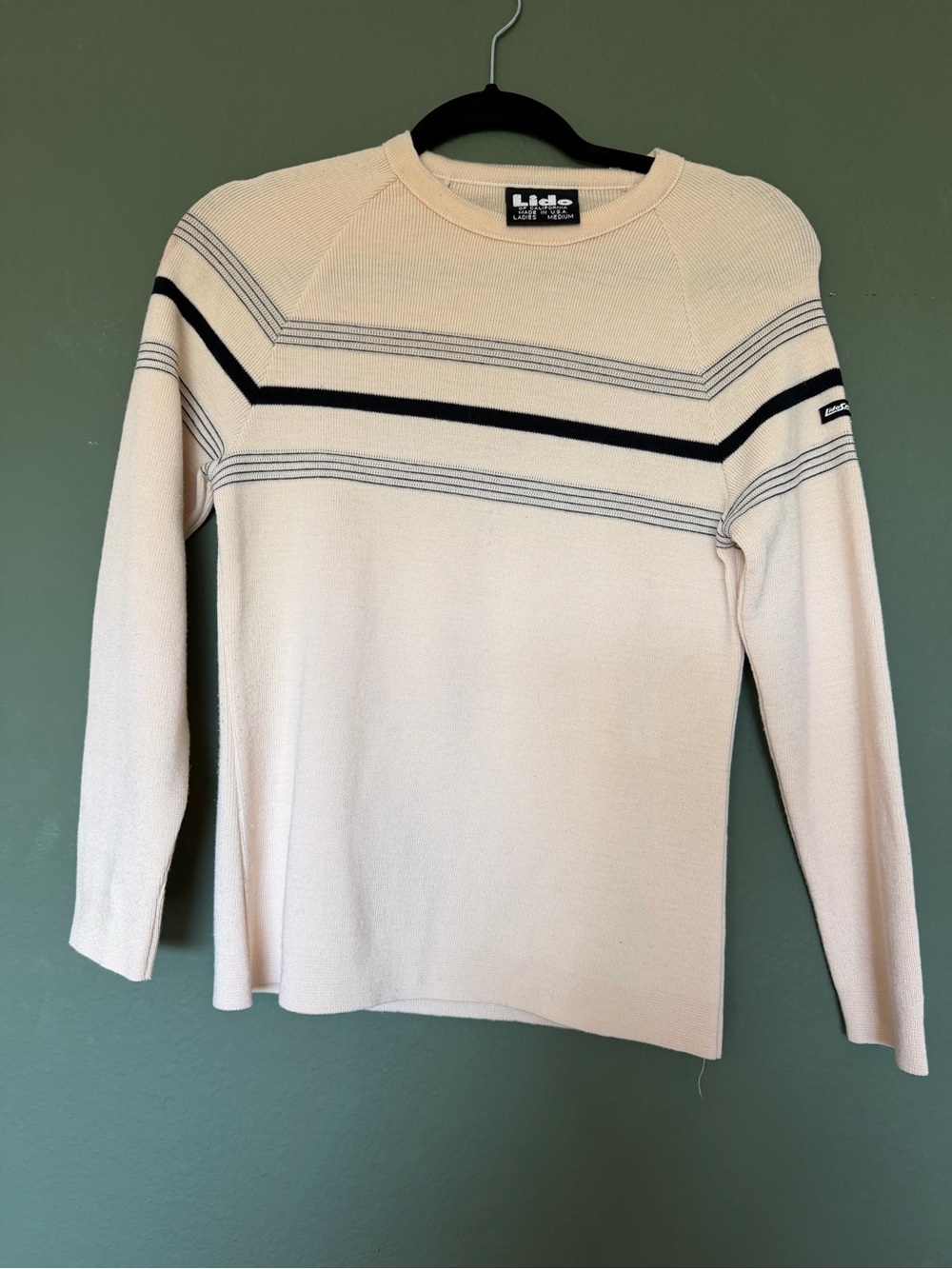 Lido of California Ladies Cream Crewneck Sweater with Black Stripes